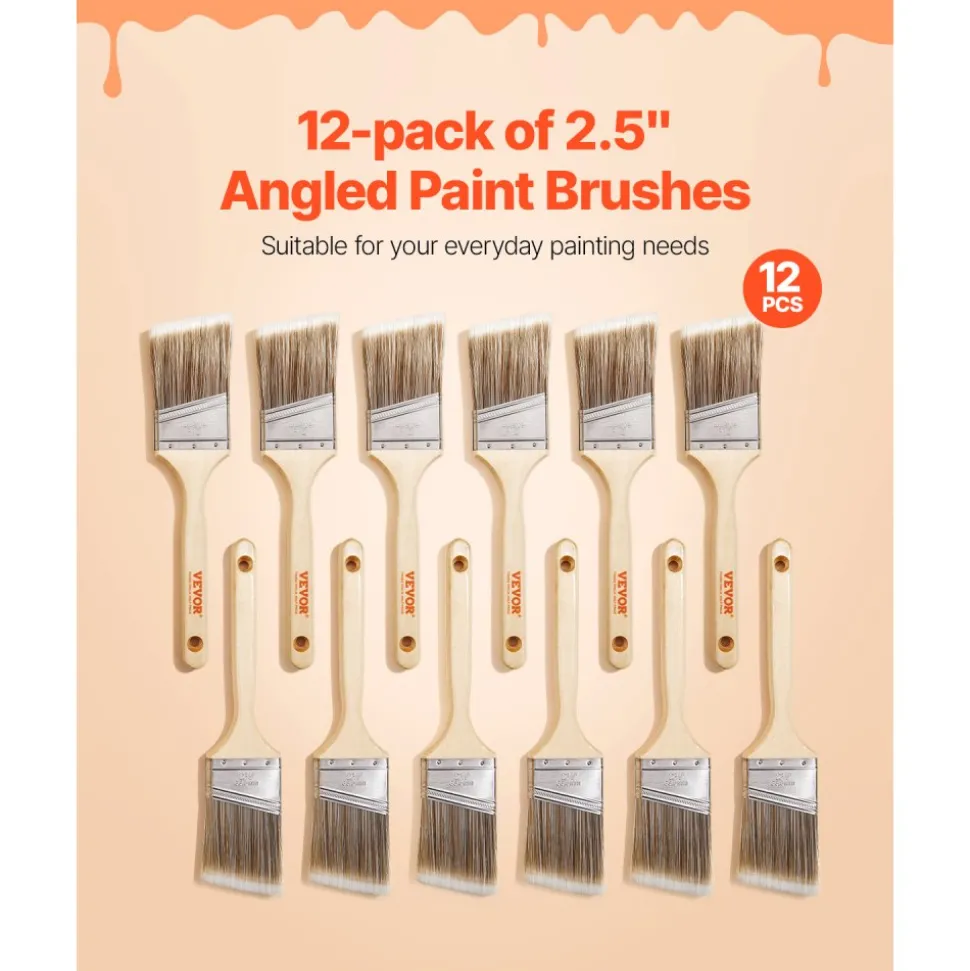 VEVOR Paint Brushes, 12 Piece Angle Paint Brush, Treated Wood Handle, Paint Brush Set for All Latex and Oil Paints & Stains, Wood Stain Brushes for Cabinets, Walls, Fences, Interior & Exterior Use
