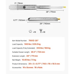 VEVOR 1 Pair Full Extension Drawer Slides 18 20 22 28 30 32 36 38 40 44 48 52 56 60 in, 500 lbs Load Capacity Locking Drawer Slides, Ball Bearing with Lock Side Mount Drawer Slide Rail