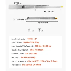 VEVOR 1 Pair Full Extension Drawer Slides 18 20 22 28 30 32 36 38 40 44 48 52 56 60 in, 500 lbs Load Capacity Locking Drawer Slides, Ball Bearing with Lock Side Mount Drawer Slide Rail
