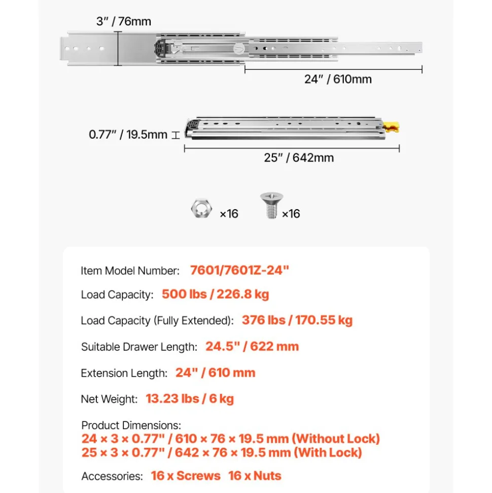 VEVOR 1 Pair Full Extension Drawer Slides 24 in, 500 lbs Load Capacity Locking Drawer Slides, Ball Bearing with Lock Side Mount Drawer Slide Rail