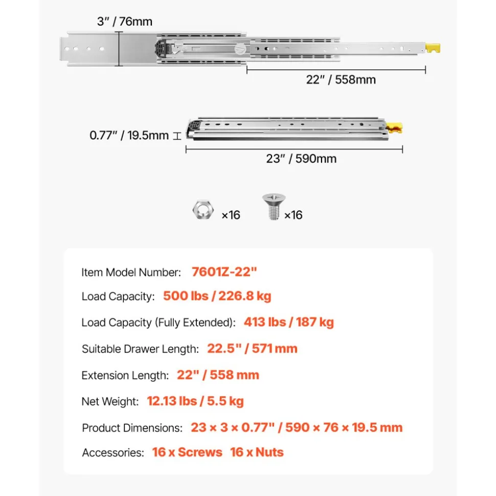 VEVOR 1 Pair Full Extension Drawer Slides 18 20 22 28 30 32 36 38 40 44 48 52 56 60 in, 500 lbs Load Capacity Locking Drawer Slides, Ball Bearing with Lock Side Mount Drawer Slide Rail