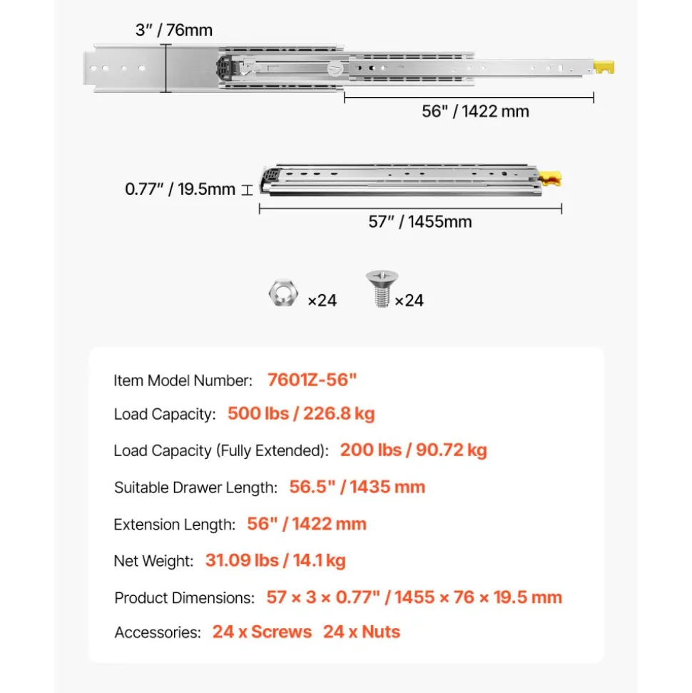 VEVOR 1 Pair Full Extension Drawer Slides 18 20 22 28 30 32 36 38 40 44 48 52 56 60 in, 500 lbs Load Capacity Locking Drawer Slides, Ball Bearing with Lock Side Mount Drawer Slide Rail