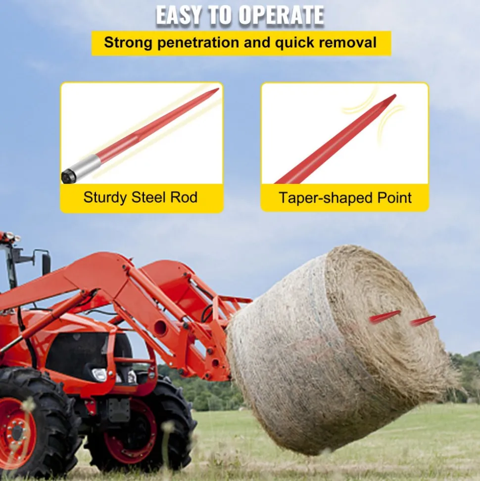 VEVOR Pair Hay Spear 43" Bale Spear 3000 lbs Capacity, Bale Spike Quick Attach Square Hay Bale Spears 1 3/4", Red Coated Bale Forks, Bale Hay Spike with Hex Nut & Sleeve for Buckets Tractors Loaders