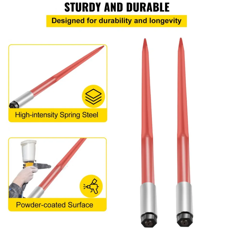 VEVOR Pair Hay Spear 43" Bale Spear 3000 lbs Capacity, Bale Spike Quick Attach Square Hay Bale Spears 1 3/4", Red Coated Bale Forks, Bale Hay Spike with Hex Nut & Sleeve for Buckets Tractors Loaders