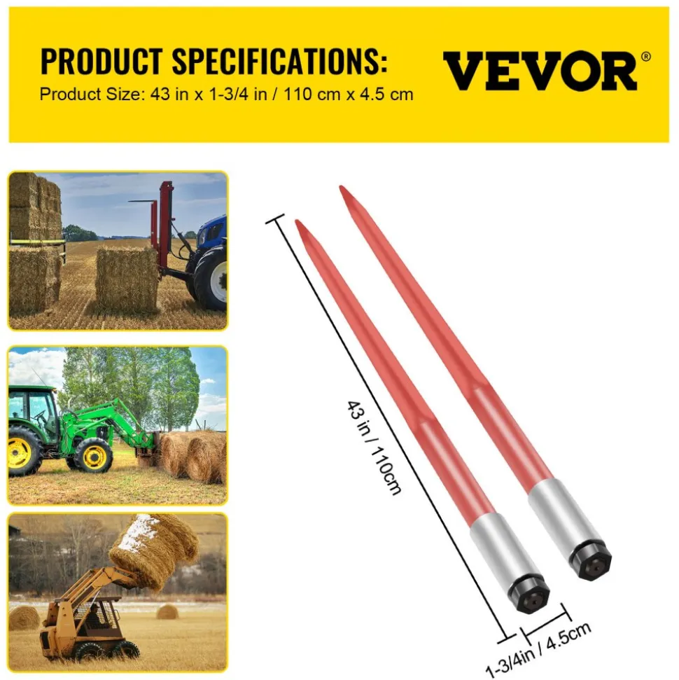 VEVOR Pair Hay Spear 43" Bale Spear 3000 lbs Capacity, Bale Spike Quick Attach Square Hay Bale Spears 1 3/4", Red Coated Bale Forks, Bale Hay Spike with Hex Nut & Sleeve for Buckets Tractors Loaders