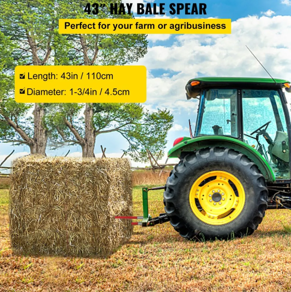 VEVOR Pair Hay Spear 43" Bale Spear 3000 lbs Capacity, Bale Spike Quick Attach Square Hay Bale Spears 1 3/4", Red Coated Bale Forks, Bale Hay Spike with Hex Nut & Sleeve for Buckets Tractors Loaders