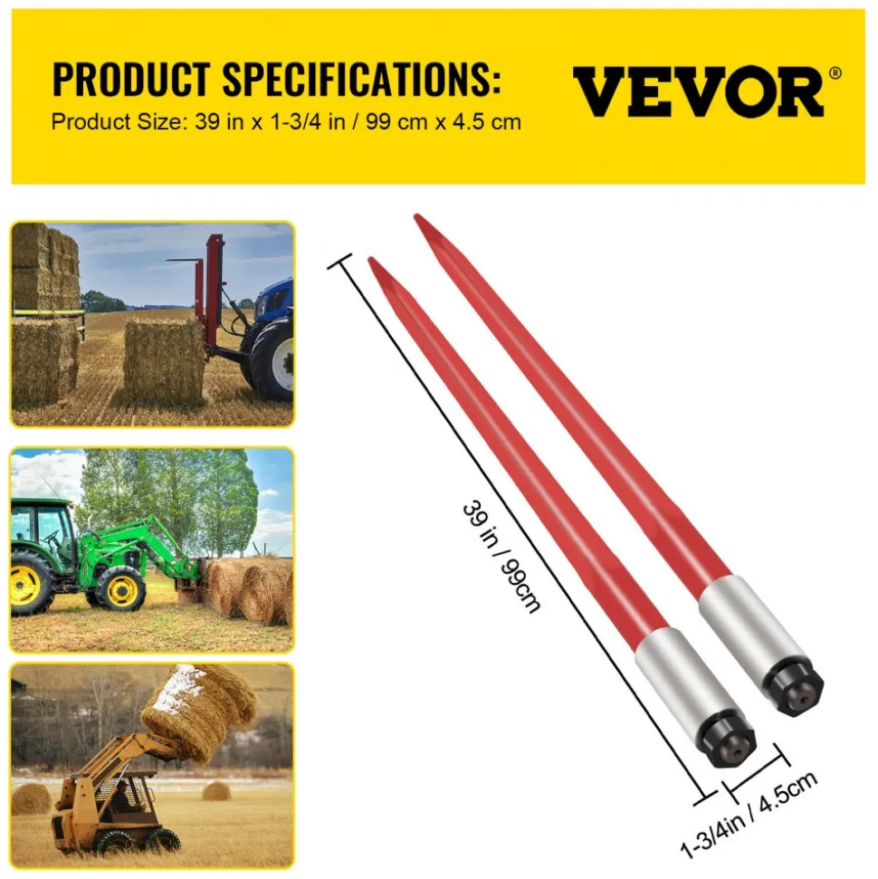 VEVOR Pair Hay Spear 39" Bale Spear 3000 lbs Capacity, Bale Spike Quick Attach Square Hay Bale Spears 1 3/4", Red Coated Bale Forks, Bale Hay Spike with Hex Nut & Sleeve for Buckets Tractors Loaders