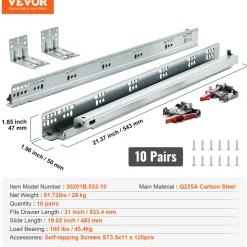 VEVOR 10 Pairs of 21 Inch Drawer Bottom Side Mount Rails, Heavy Duty Full Ball Bearing Extension Steel Track, Soft-Close Noiseless Guide Glides Cabinet Kitchen Runners with Locking Mechanism, 100 Lbs