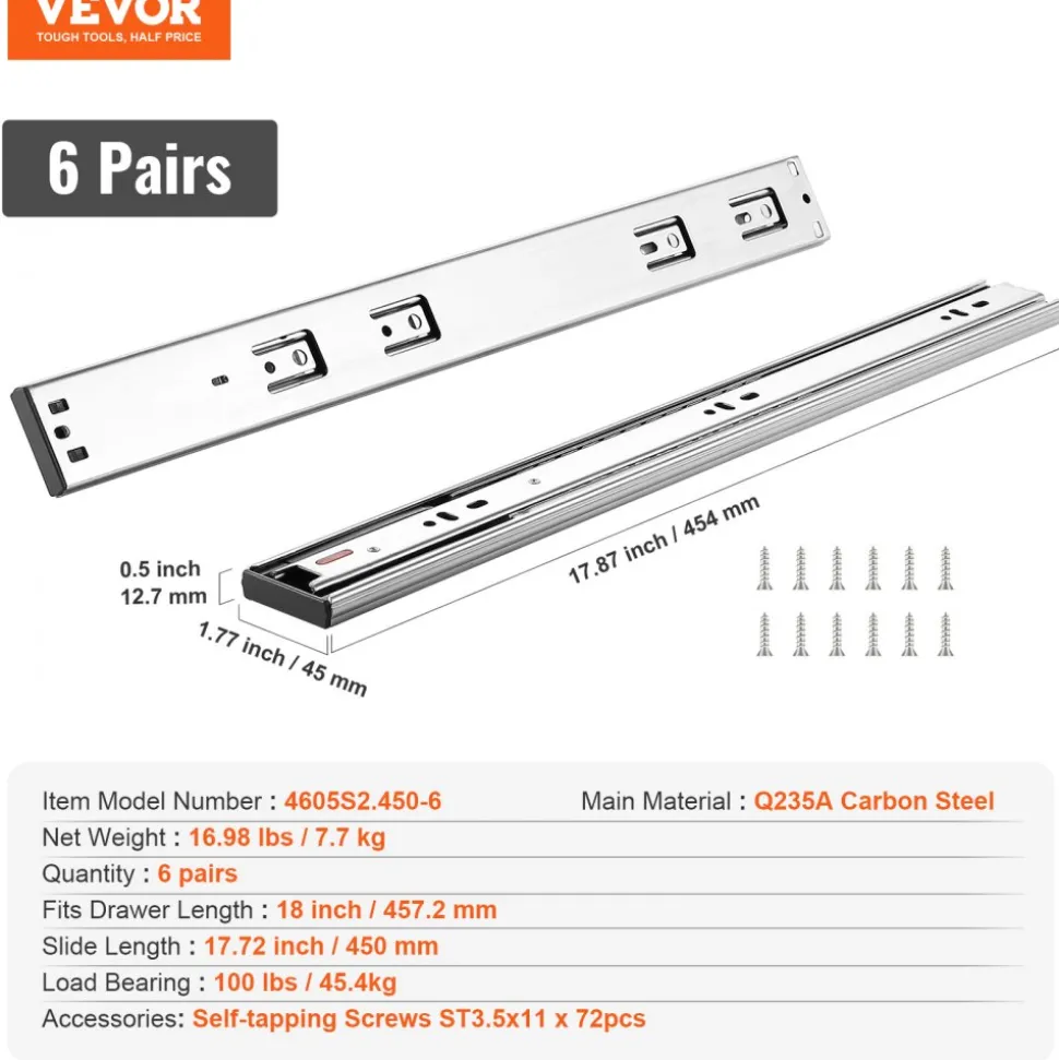 VEVOR 6 Pairs of 18 Inch Drawer Slides Side Mount Rails, Heavy Duty Full Extension Steel Track, Soft-Close Noiseless Guide Glides Cabinet Kitchen Runners with Ball Bearing, 100 Lbs Load Capacity