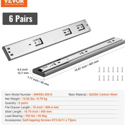 VEVOR 6 Pairs of 24 Inch Drawer Slides Side Mount Rails, Heavy Duty Full Extension Steel Track, Soft-Close Noiseless Guide Glides Cabinet Kitchen Runners with Ball Bearing, 100 Lbs Load Capacity