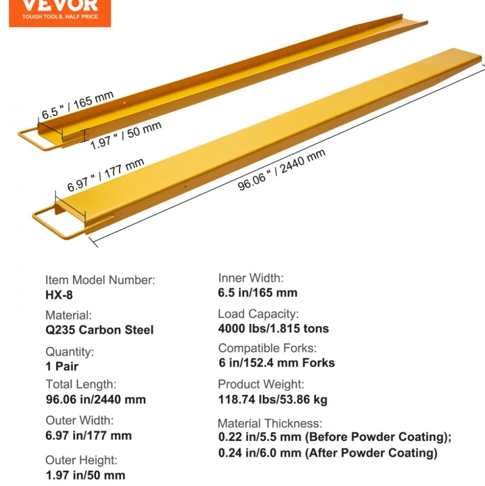 VEVOR Pallet Fork Extensions, 96" Length 6.5" Width, Heavy Duty Carbon Steel Fork Extensions for Forklifts, 1 Pair Forklift Extensions, Industrial Forklift Fork Attachments for Forklift Truck, Yellow