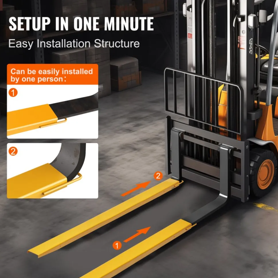 VEVOR Pallet Fork Extensions, 96" Length 6.5" Width, Heavy Duty Carbon Steel Fork Extensions for Forklifts, 1 Pair Forklift Extensions, Industrial Forklift Fork Attachments for Forklift Truck, Yellow