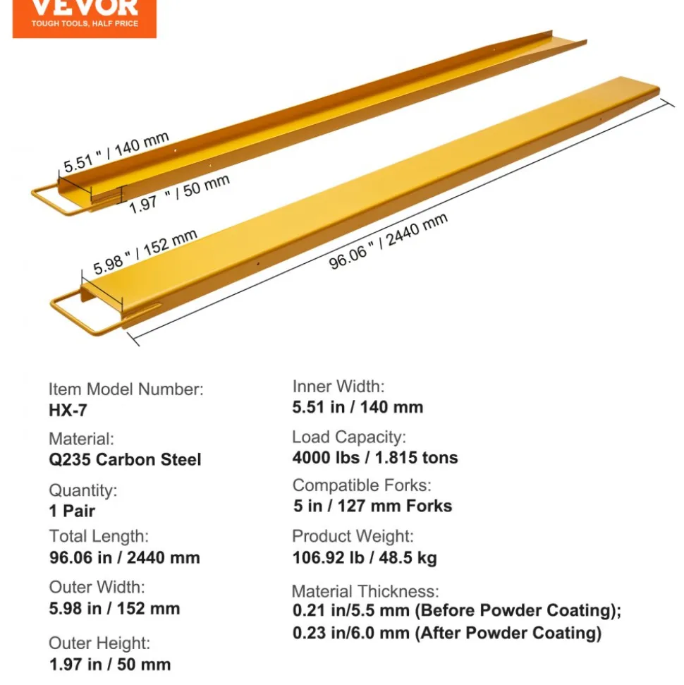 VEVOR Pallet Fork Extensions, 96" Length 5.5" Width, Heavy Duty Carbon Steel Fork Extensions for Forklifts, 1 Pair Forklift Extensions, Industrial Forklift Fork Attachments for Forklift Truck, Yellow