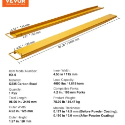 VEVOR Pallet Fork Extensions, 96" Length 4.5" Width, Heavy Duty Carbon Steel Fork Extensions for Forklifts, 1 Pair Forklift Extensions, Industrial Forklift Fork Attachments for Forklift Truck, Yellow