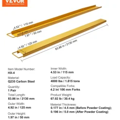 VEVOR Pallet Fork Extensions, 84" Length 4.5" Width, Heavy Duty Carbon Steel Fork Extensions for Forklifts, 1 Pair Forklift Extensions, Industrial Forklift Fork Attachments for Forklift Truck, Yellow