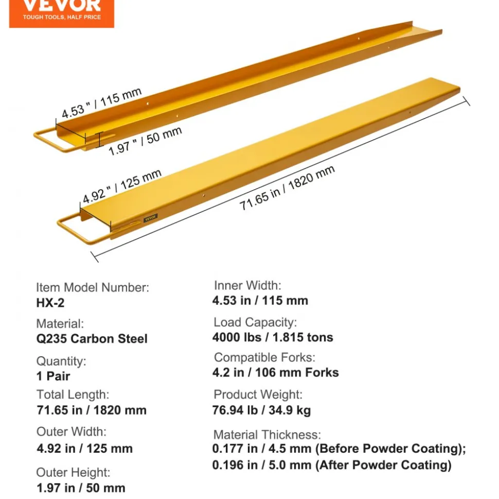 VEVOR Pallet Fork Extensions, 72" Length 4.5" Width, Heavy Duty Carbon Steel Fork Extensions for Forklifts, 1 Pair Forklift Extensions, Industrial Forklift Fork Attachments for Forklift Truck, Yellow