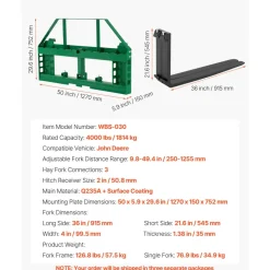VEVOR Pallet Fork Frame Attachment with 36-inch Skid Steer Forks for JD Tractors