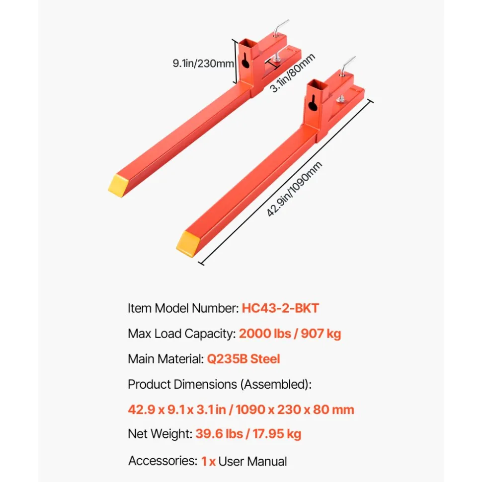 VEVOR Pallet Forks, 2000 lbs Clamp on Pallet Forks, 43-Inch Total Length Heavy-Duty Quick Attach Tractor Fork Compatible with Tractor Attachments, Loader Bucket, and Skid Steer, Orange