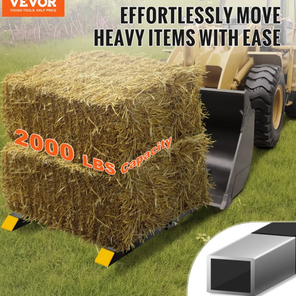 VEVOR Pallet Forks, 2000 lbs Clamp on Pallet Forks, 43" Total Length Tractor Bucket Forks with Adjustable Stabilizer bar, Heavy Duty Pallet Forks for Tractor Attachments, Skid Steer, Loader Bucket