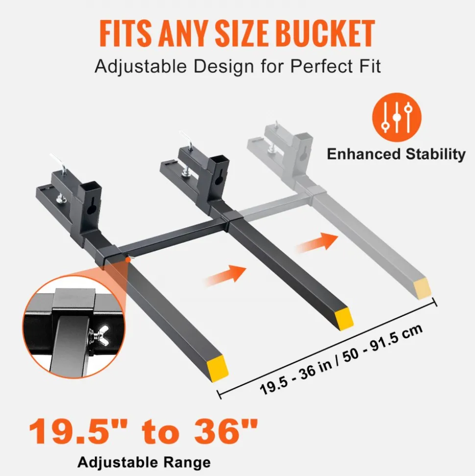 VEVOR Pallet Forks, 2000 lbs Clamp on Pallet Forks, 43" Total Length Tractor Bucket Forks with Adjustable Stabilizer bar, Heavy Duty Pallet Forks for Tractor Attachments, Skid Steer, Loader Bucket