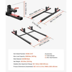 VEVOR Pallet Forks, 2000 lbs Clamp on Pallet Forks, 60-Inch Total Length Heavy-Duty Tractor Fork with Adjustable Stabilizer Bar for Tractor Attachments, Loader Bucket, and Skid Steer, Black