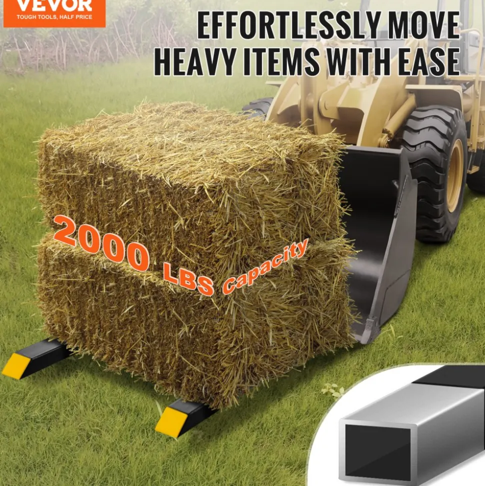 VEVOR Pallet Forks, 2000 lbs Tractor Bucket Forks, 60" Total Length Clamp on Pallet Forks with Adjustable Stabilizer bar, Heavy Duty Pallet Forks for Tractor Attachments, Skid Steer, Loader Bucket