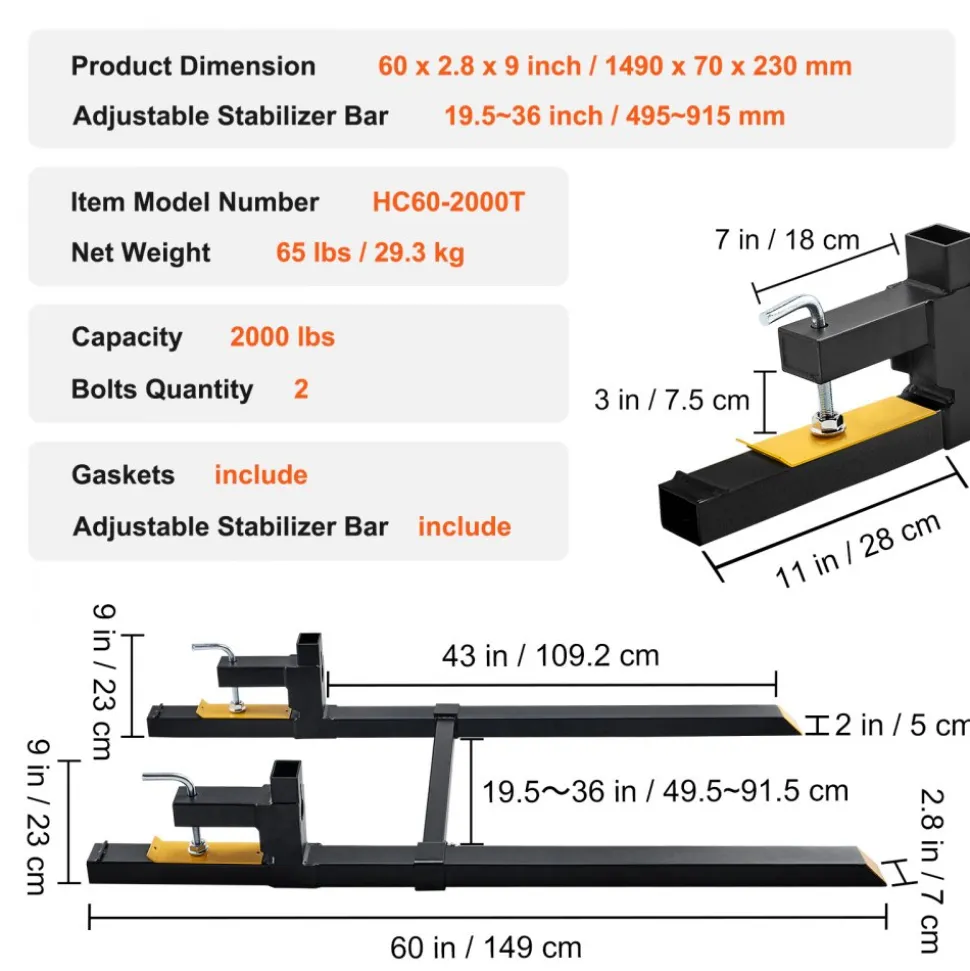 VEVOR Pallet Forks, 2000 lbs Tractor Bucket Forks, 60" Total Length Clamp on Pallet Forks with Adjustable Stabilizer bar, Heavy Duty Pallet Forks for Tractor Attachments, Skid Steer, Loader Bucket