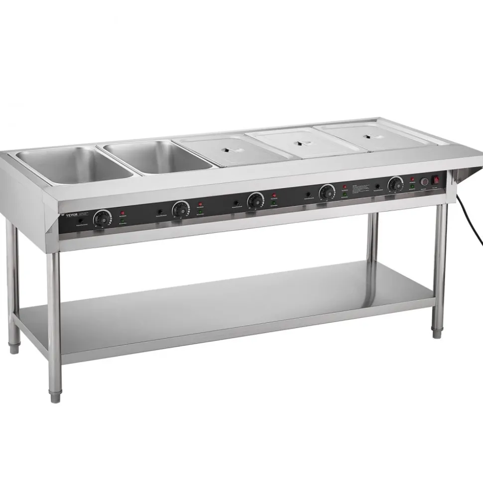 VEVOR 5-Pan Commercial Food Warmer, Electric Steam Table with Independent Temperature Control, 750W x 5 Stainless Steel Buffet Catering Food Warmer with Undershelf and Workspace, for Restaurant