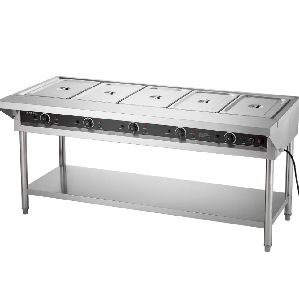 VEVOR 5-Pan Commercial Food Warmer, Electric Steam Table with Independent Temperature Control, 750W x 5 Stainless Steel Buffet Catering Food Warmer with Undershelf and Workspace, for Restaurant