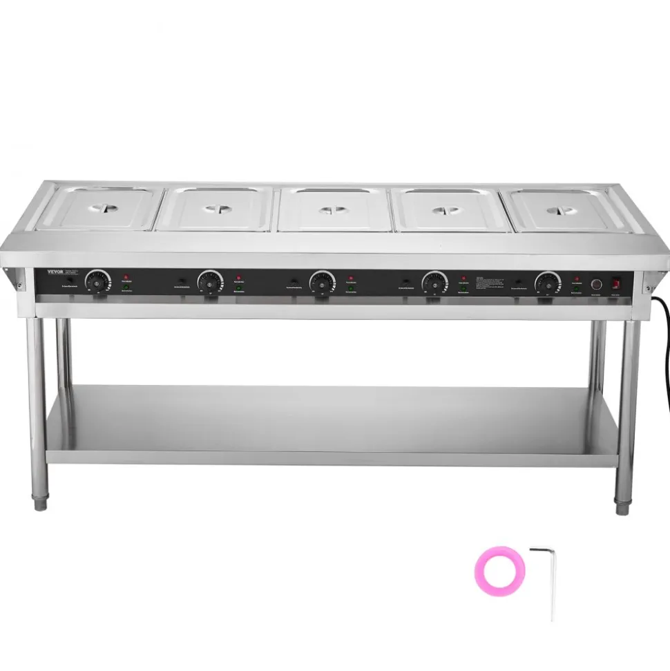 VEVOR 5-Pan Commercial Food Warmer, Electric Steam Table with Independent Temperature Control, 750W x 5 Stainless Steel Buffet Catering Food Warmer with Undershelf and Workspace, for Restaurant