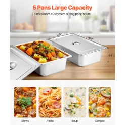 VEVOR 5-Pan Commercial Food Warmer, Electric Steam Table with Independent Temperature Control, 750W x 5 Stainless Steel Buffet Catering Food Warmer with Undershelf and Workspace, for Restaurant