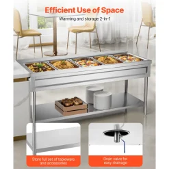 VEVOR 5-Pan Commercial Food Warmer, Electric Steam Table with Independent Temperature Control, 750W x 5 Stainless Steel Buffet Catering Food Warmer with Undershelf and Workspace, for Restaurant