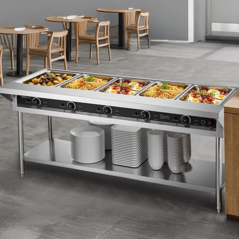 VEVOR 5-Pan Commercial Food Warmer, Electric Steam Table with Independent Temperature Control, 750W x 5 Stainless Steel Buffet Catering Food Warmer with Undershelf and Workspace, for Restaurant