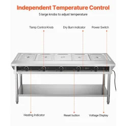 VEVOR 5-Pan Commercial Food Warmer, Electric Steam Table with Independent Temperature Control, 750W x 5 Stainless Steel Buffet Catering Food Warmer with Undershelf and Workspace, for Restaurant