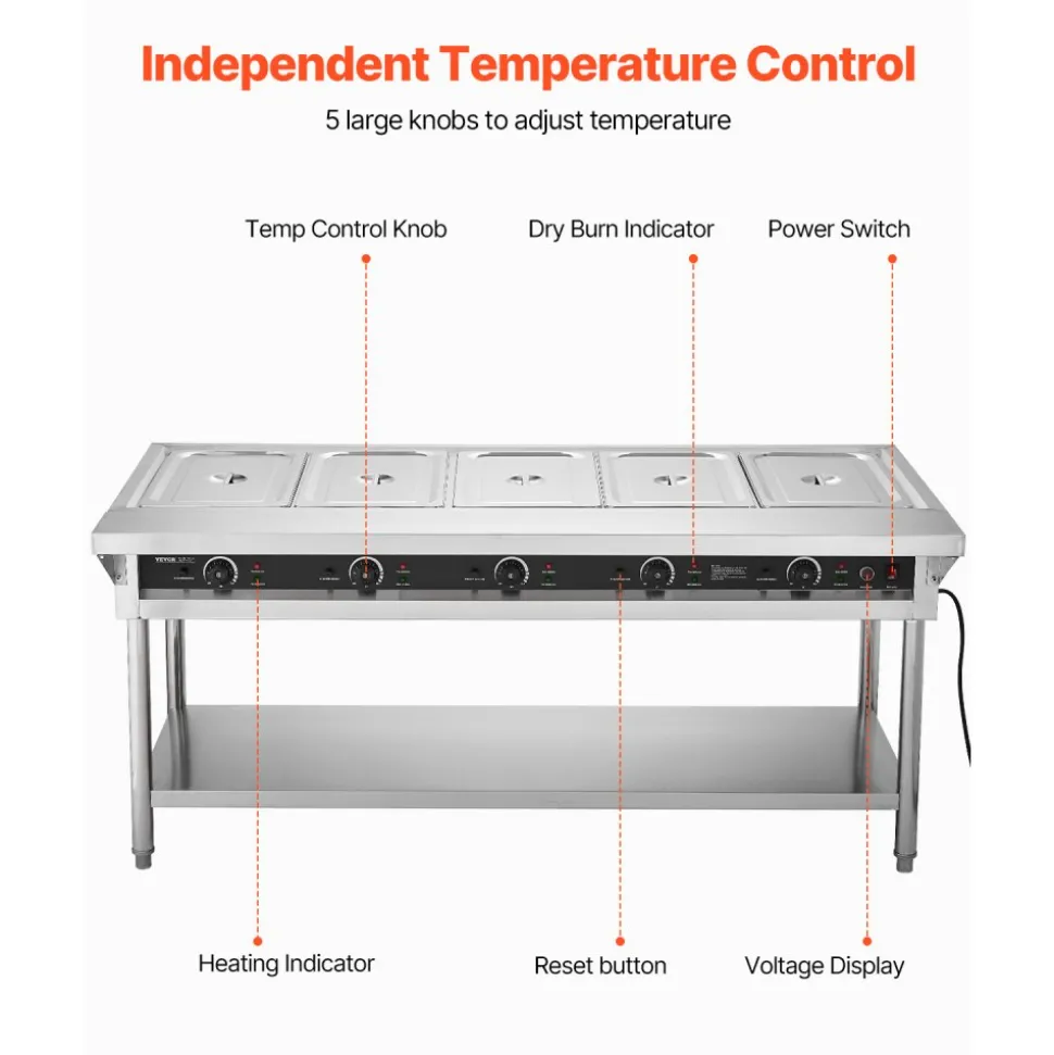 VEVOR 5-Pan Commercial Food Warmer, Electric Steam Table with Independent Temperature Control, 750W x 5 Stainless Steel Buffet Catering Food Warmer with Undershelf and Workspace, for Restaurant