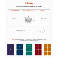 VEVOR 4-Pan Commercial Food Warmer, 4 x 1/2 Pans Electric Steam Table, 1500W Professional Buffet Catering Food Warmer with Undershelf, Stainless Steel Server for Restaurant Party Hotel