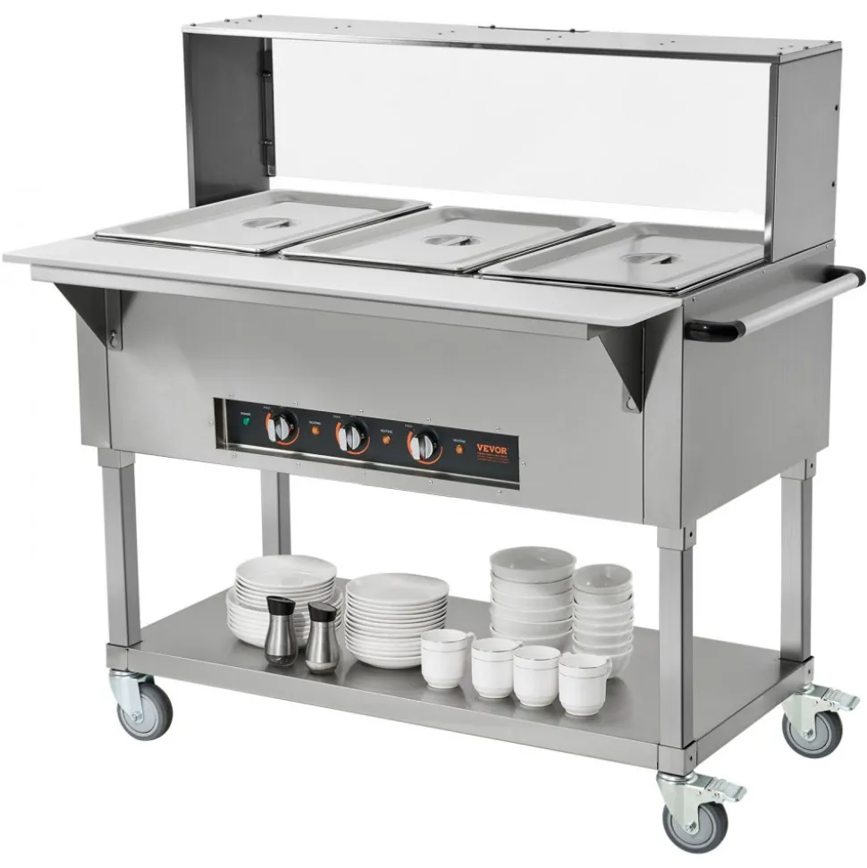 VEVOR 3-Pan Commercial Food Warmer, 3 x 20.6QT Electric Steam Table, 1500W Professional Buffet Catering Food Warmer with Acrylic Sneeze Guard, Food Grade Stainless Steel Server for Party Restaurant