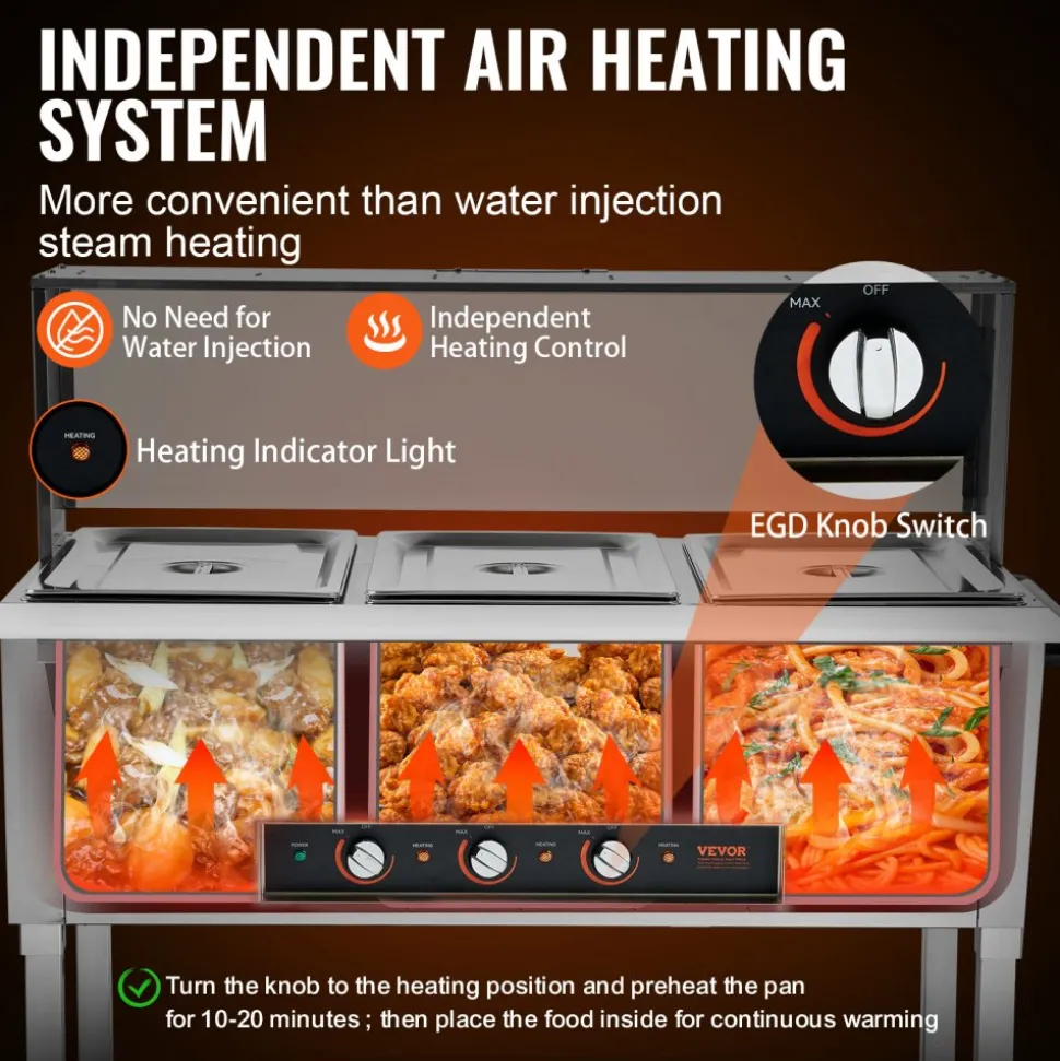 VEVOR 3-Pan Commercial Food Warmer, 3 x 20.6QT Electric Steam Table, 1500W Professional Buffet Catering Food Warmer with Acrylic Sneeze Guard, Food Grade Stainless Steel Server for Party Restaurant
