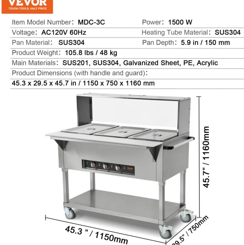 VEVOR 3-Pan Commercial Food Warmer, 3 x 20.6QT Electric Steam Table, 1500W Professional Buffet Catering Food Warmer with Acrylic Sneeze Guard, Food Grade Stainless Steel Server for Party Restaurant