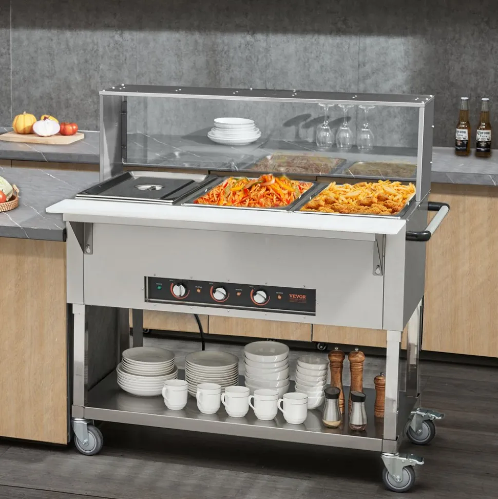 VEVOR 3-Pan Commercial Food Warmer, 3 x 20.6QT Electric Steam Table, 1500W Professional Buffet Catering Food Warmer with Acrylic Sneeze Guard, Food Grade Stainless Steel Server for Party Restaurant