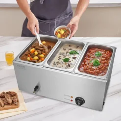 VEVOR 3-Pan Commercial Food Warmer, 17.4QT Electric Steam Table, 1200W Professional Countertop Stainless Steel Buffet Bain Marie with 86-185°F Temp Control for Catering and Restaurants, Silver
