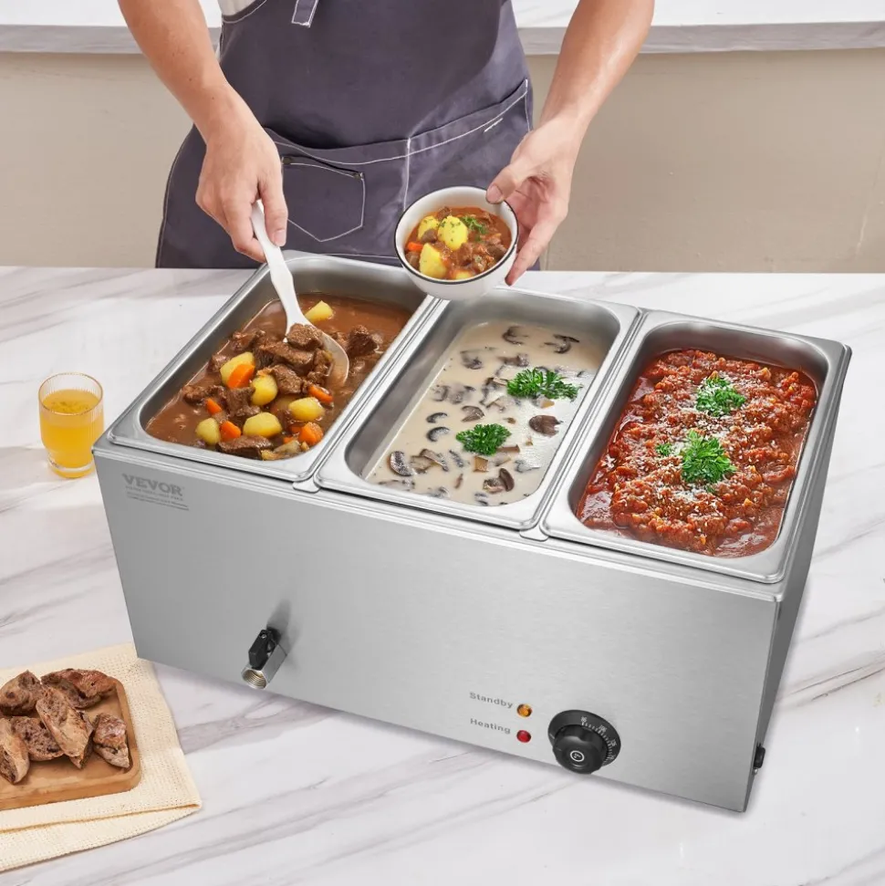 VEVOR 3-Pan Commercial Food Warmer, 17.4QT Electric Steam Table, 1200W Professional Countertop Stainless Steel Buffet Bain Marie with 86-185°F Temp Control for Catering and Restaurants, Silver