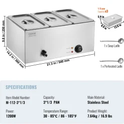 VEVOR 3-Pan Commercial Food Warmer, 17.4QT Electric Steam Table, 1200W Professional Countertop Stainless Steel Buffet Bain Marie with 86-185°F Temp Control for Catering and Restaurants, Silver