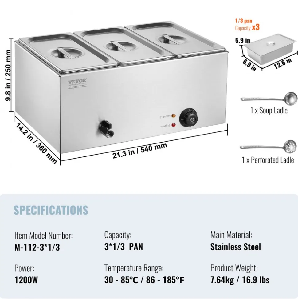 VEVOR 3-Pan Commercial Food Warmer, 17.4QT Electric Steam Table, 1200W Professional Countertop Stainless Steel Buffet Bain Marie with 86-185°F Temp Control for Catering and Restaurants, Silver