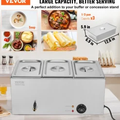 VEVOR 3-Pan Commercial Food Warmer, 17.4QT Electric Steam Table, 1200W Professional Countertop Stainless Steel Buffet Bain Marie with 86-185°F Temp Control for Catering and Restaurants, Silver