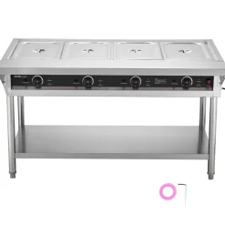 VEVOR 4-Pan Commercial Food Warmer, Electric Steam Table with Independent Temperature Control, 450W x 4 Stainless Steel Buffet Catering Food Warmer with Undershelf and Workspace, for Restaurant