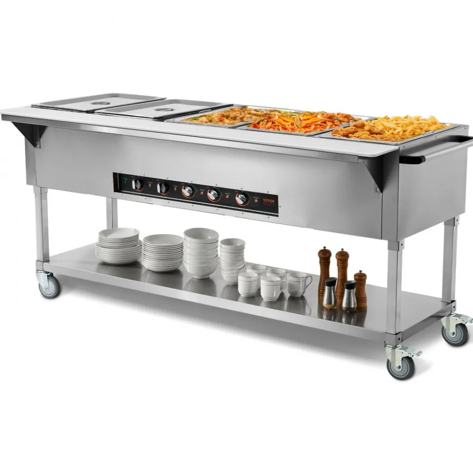 VEVOR 5-Pan Commercial Food Warmer, 5 x 20.6QT Electric Steam Table, 3750W Professional Buffet Catering Food Warmer with 4 Wheels (2 Lockable), Food Grade Stainless Steel Server for Party Restaurant
