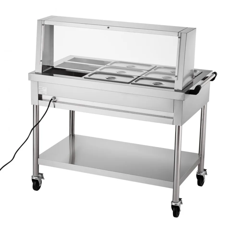 VEVOR 9-Pan Commercial Food Warmer, 9 x 1/3 Pans Electric Steam Table, 1500W Professional Buffet Catering Food Warmer with Shield Undershelf Wheels, Stainless Steel Server for Party Restaurant