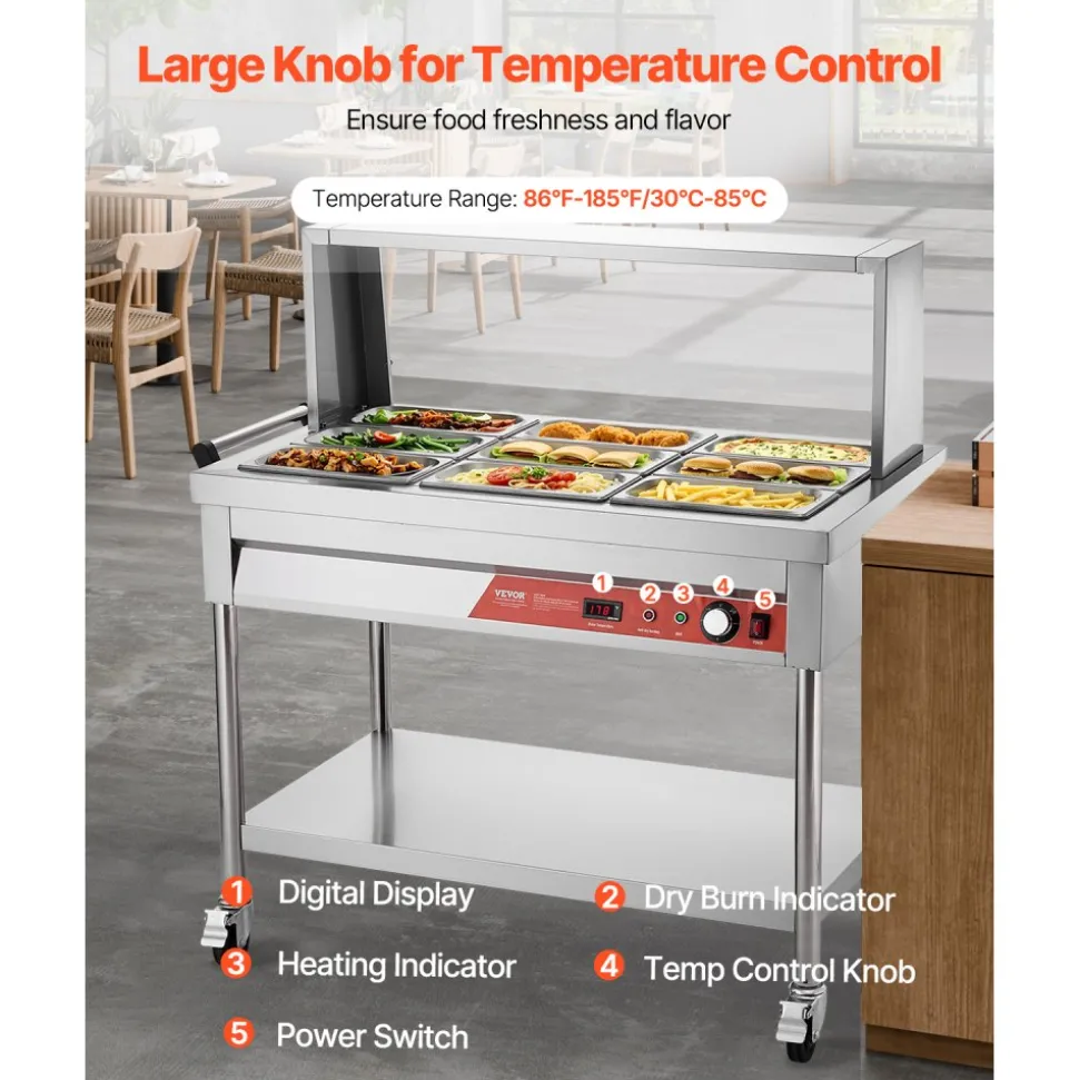 VEVOR 9-Pan Commercial Food Warmer, 9 x 1/3 Pans Electric Steam Table, 1500W Professional Buffet Catering Food Warmer with Shield Undershelf Wheels, Stainless Steel Server for Party Restaurant
