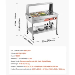 VEVOR 9-Pan Commercial Food Warmer, 9 x 1/3 Pans Electric Steam Table, 1500W Professional Buffet Catering Food Warmer with Shield Undershelf Wheels, Stainless Steel Server for Party Restaurant